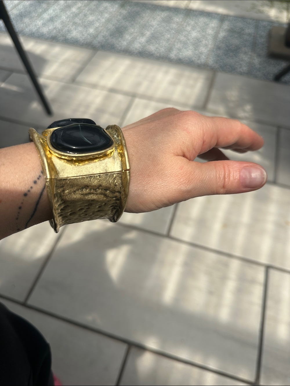 Gold Tone Cuff Bracelet with Black Stone Accents - Picture 4 of 5